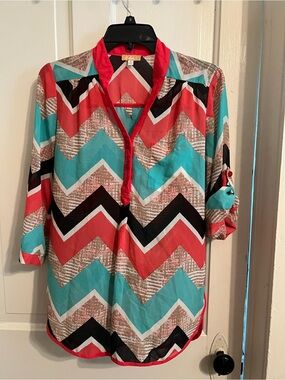 Takara Coral & Teal Chevron Button-Front Tunic